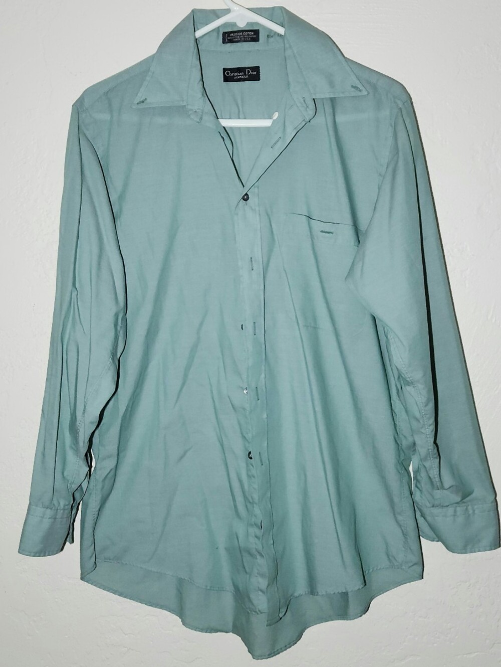 Vintage Christian Dior Monsieur Mens Size 15.5 32 Teal Dress Button Down Shirt